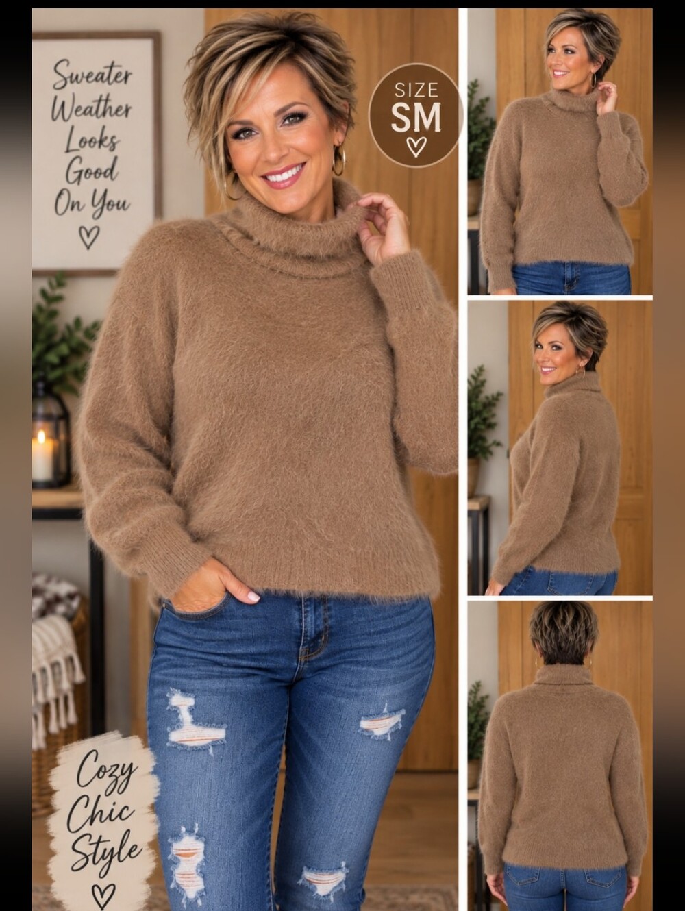 Aster Brand Cozy Faux-Fur Turtleneck Sweater in Camel - Women